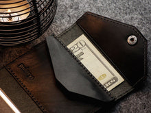 Load image into Gallery viewer, Close up to the pocket and bills compartments inside the black wallet. 
