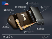 Load image into Gallery viewer, The wallet with labeled specs: Pull mechanism for cards, RFID protection, Space for 7 cards, cash and credit card pockets, coin pocket and snap closure. 
