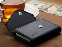 Load image into Gallery viewer, Angled view of the navy wallet with the lid opened. 
