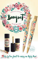 Poster Graphic for the Retro 51 Tornado Popper Bouquet Pen. It features front and side views of the pen, the packaging, and an illustrated flower crown with text.