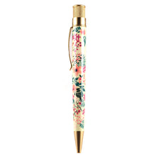 Load image into Gallery viewer, Side view of the pen with flower pattern and rose gold colored trims. 
