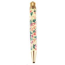 Load image into Gallery viewer, Angled back view of the pen with flower print and rose gold colored accents. 

