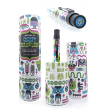 Load image into Gallery viewer, Front view of the Creepy Scrawlers pen arranged with its matching packaging. An angled top disk view of the pen is shown on the upper side of the image.
