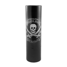 Load image into Gallery viewer, Front view of a black gift tube with the print of a skull with crossed swords under it. 
