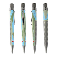 Load image into Gallery viewer, The pen depicts a 360 degree view of the pen with its antique silver accents, the pen is acid etched with green and blue color stripes on a white background.
