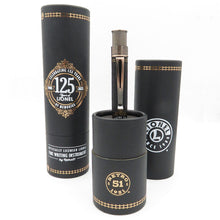 Load image into Gallery viewer, On a white background: The Rollerball pen set on the bottom portion of the gift tube. 
