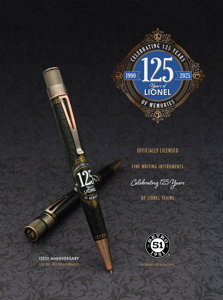 Graphic for the Retro 51 125th Lionel anniversary. It is a decorated gray background with an image of the pen, and the Retro 51 Logo.