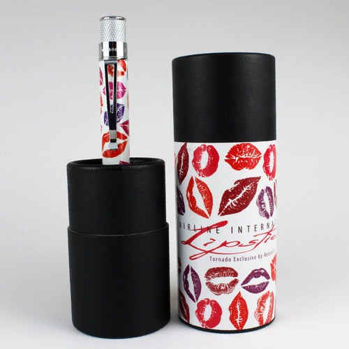 The pen arranged with the presentation tube and lid on light gray background.