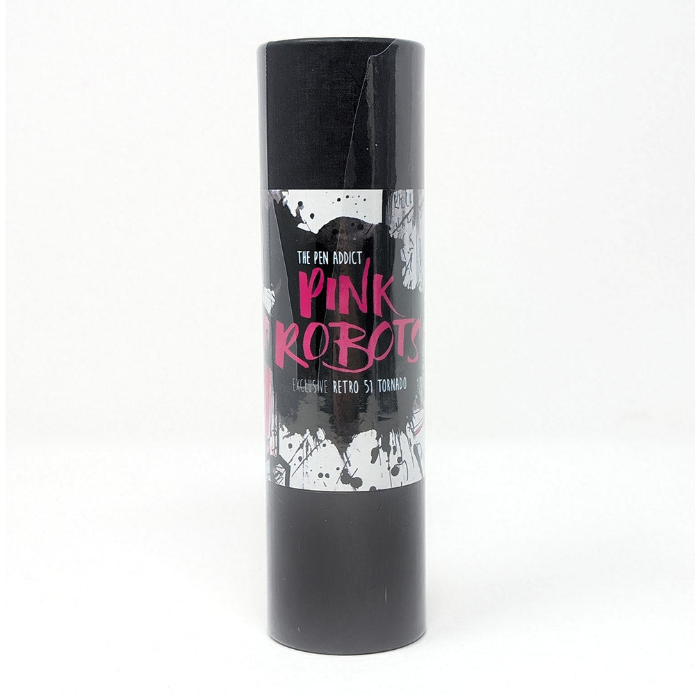 Front view of the Pink Robots pen gift tube. The outer plastic wrapping has a partial tear, but the gift tube is untouched.