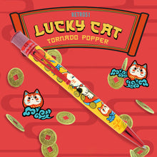 Load image into Gallery viewer, Retro 51 Lucky Cat Tornado Popper Graphic. The image shows the yellow and red pen on a red background with coins and daruma doll shaped cat illustrations.
