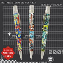 Load image into Gallery viewer, The three Retro 51 Roboto pens on a gray background with graphics and statistics. Aisha 16%, Chad 42%, and Toshihero 42%.
