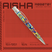 Load image into Gallery viewer, Side view of the Aisha pen. Set on a red background with grid, graphics, and text.
