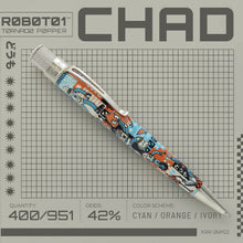 Load image into Gallery viewer, Side view of the Chad pen. Set on a gray background with a grid, graphics, and text.
