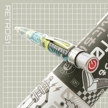 Load image into Gallery viewer, Angled view of the Toshihero pen leaning on the gift tube. Set on a gray background with grid and text.
