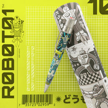 Load image into Gallery viewer, The Toshihero pen leaning on the gift tube. Set on a lime green background with graphics and text.
