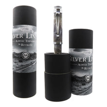 Load image into Gallery viewer, Acrylic tornado fountain pen with 'Silver Lining' packaging on a white background.
