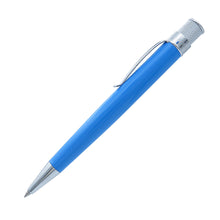 Load image into Gallery viewer, A blue ballpoint pen with polished chrome accents, including a pocket clip, tip, and textured top. Shown diagonally on a solid white background.
