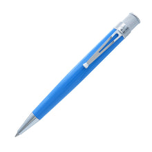 Load image into Gallery viewer, A blue ballpoint pen with polished chrome accents, including a pocket clip, tip, and textured top. Shown diagonally on a solid white background.
