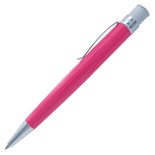 Load image into Gallery viewer, A bright pink ballpoint pen with polished chrome accents, including the clip, tip, and textured knurled end cap, shown diagonally on a plain white background.
