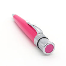 Load image into Gallery viewer, A pink ballpoint pen with a textured silver top, and a matching pink accent on the end. Shown on a clean white background.
