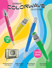 Load image into Gallery viewer, Promotional graphic for the Tornado Colorwave Collection, showing four pens in pink, yellow, blue, and green with chrome accents. Set against a wavy multicolor background with text labels and TV-style call outs.
