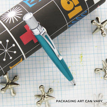 Load image into Gallery viewer, Turquoise ballpoint with silver accents on a grid surface, with packaging in the background.
