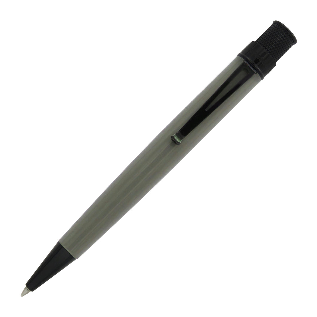 Front view of the Retro 51 Nardo Gray pen with black trims. 