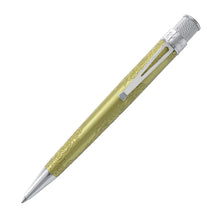 Load image into Gallery viewer, A gold color rollerball pen with intricate floral engravings on the barrel, chrome clip and tip, and a textured silver end cap, shown on a plain white background.
