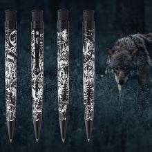 Load image into Gallery viewer, 360 degree view of the pen on a dark forest background, accompanied by a wolf.
