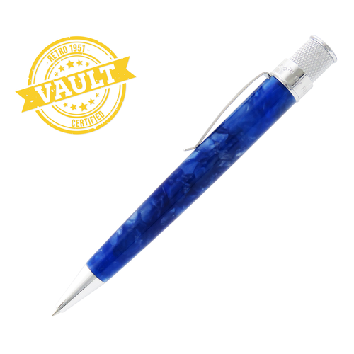 On a white background: Side view of the Acrylic Sapphire Blue rollerball pen. A yellow stamp design on the left side reads: 