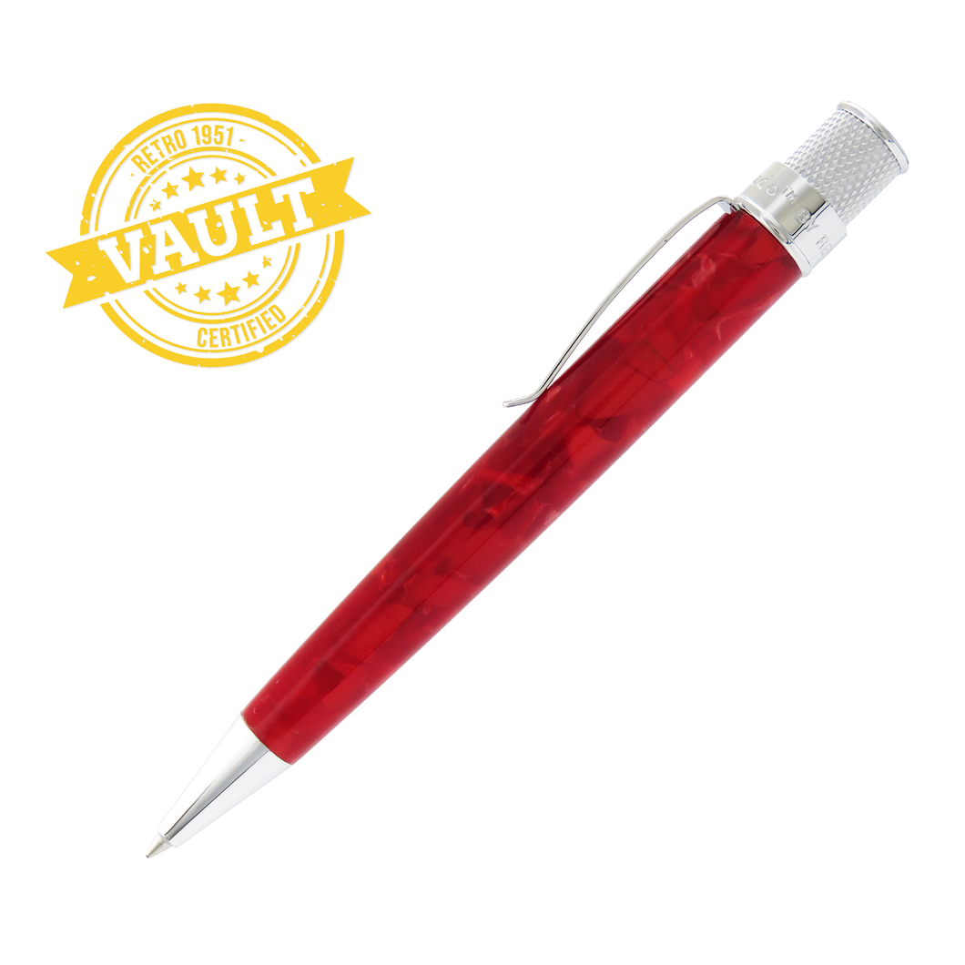 Side view of the Ruby Red Acrylic Tornado. A yellow stamp design on the left reads 