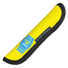 Load image into Gallery viewer, A bright yellow nylon pen sleeve with black trim, featuring a blue and yellow 'YUMMI' sticker on the side and a black label that reads 'RETRO 51 x RICKSHAW'.
