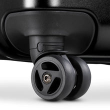 Load image into Gallery viewer, Close up to a spinner wheel on the black hard shell suitcase .
