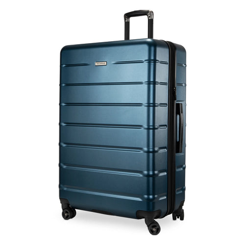 Angled front view of a navy blue suitcase with black accents. 