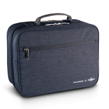 Load image into Gallery viewer, Angled front panel view of the closed toiletry bag. 
