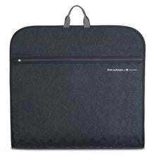 Load image into Gallery viewer, Front panel view of the folded garment bag. 
