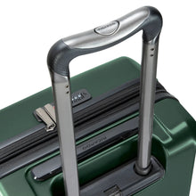 Load image into Gallery viewer, Angled top panel view of the green hard shell suitcase with the telescopic handle extended. 
