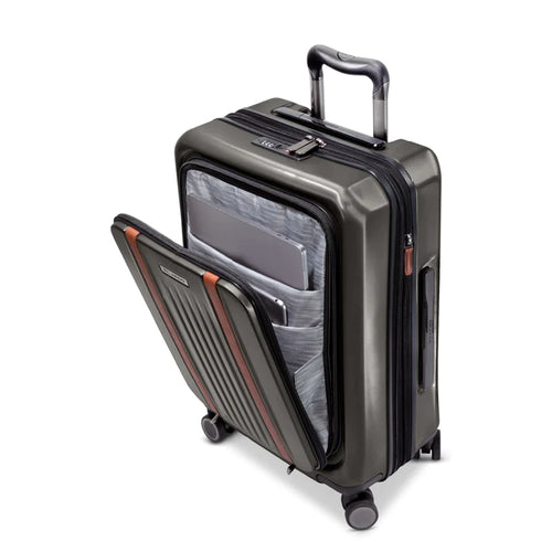 Angled front panel view of the hard shell graphite suitcase 