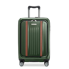 Load image into Gallery viewer, Front panel view of the green hard shell suitcase with the telescopic handle partly extended. 
