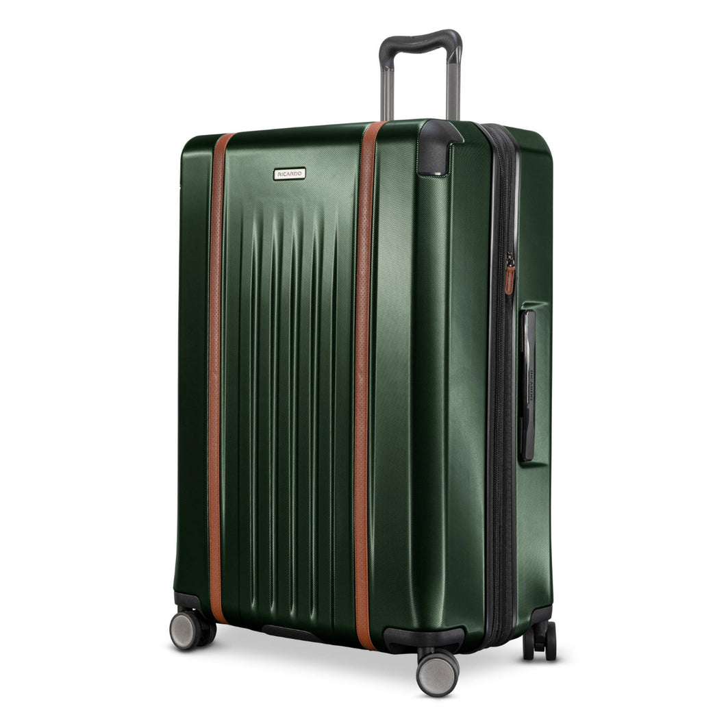 Angled front panel view of the green hard shell suitcase