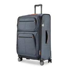 Load image into Gallery viewer, Angled front panel view of the gray soft side suitcase. 

