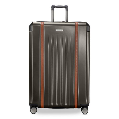 Front panel view of the graphite brown suitcase. 