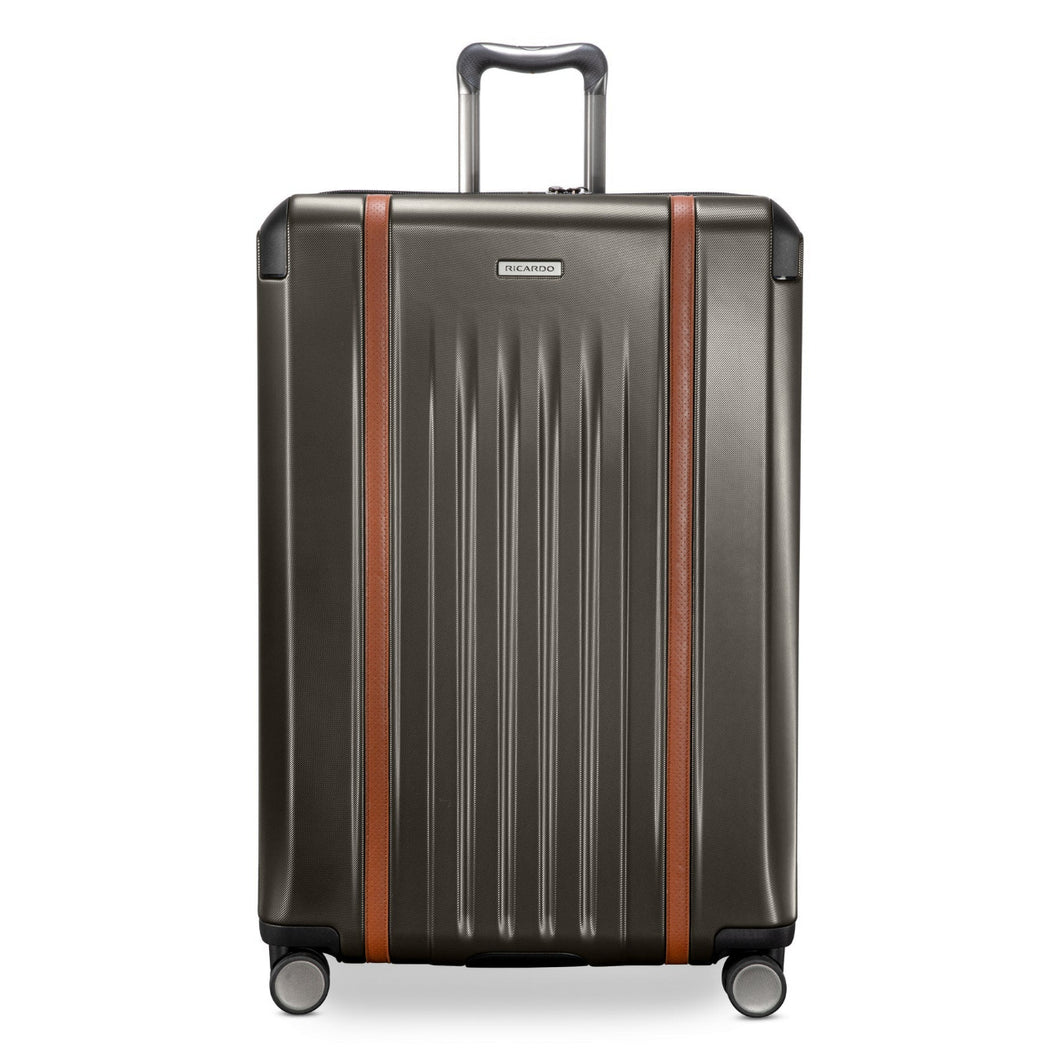 Front panel view of the graphite brown suitcase. 