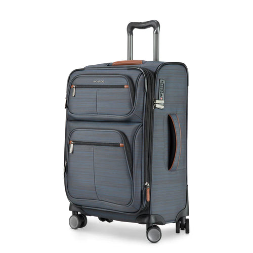 Angled front panel view of the gray soft side carry-on suitcase. 