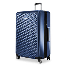 Load image into Gallery viewer, Angled front panel view of the blue hard shell suitcase. 
