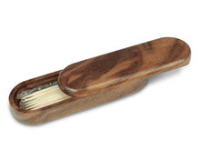 Load image into Gallery viewer, an open walnut toothpick box with a lid, displaying the natural grain of the walnut wood.

