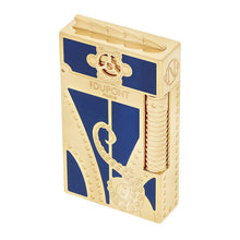Load image into Gallery viewer, Angled front view of the blue and yellow gold lighter. 
