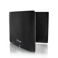 Angled front panel view of the black billfold wallet. 