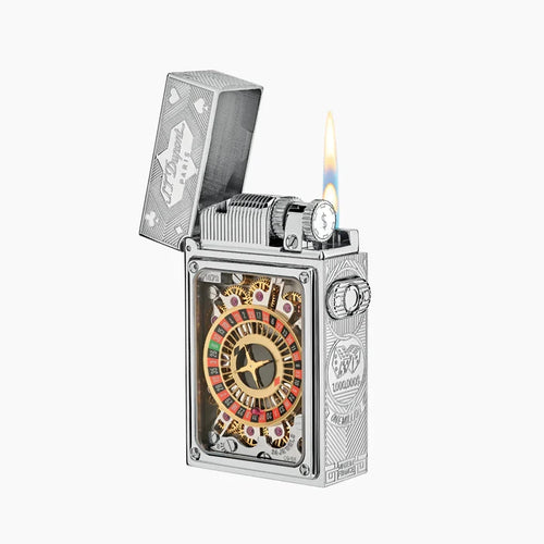 Angled front view of the lighter with the lid lifted and the flame lit.