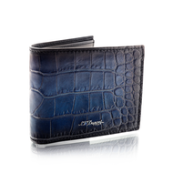 Angled front view of the black and blue billfold wallet. 